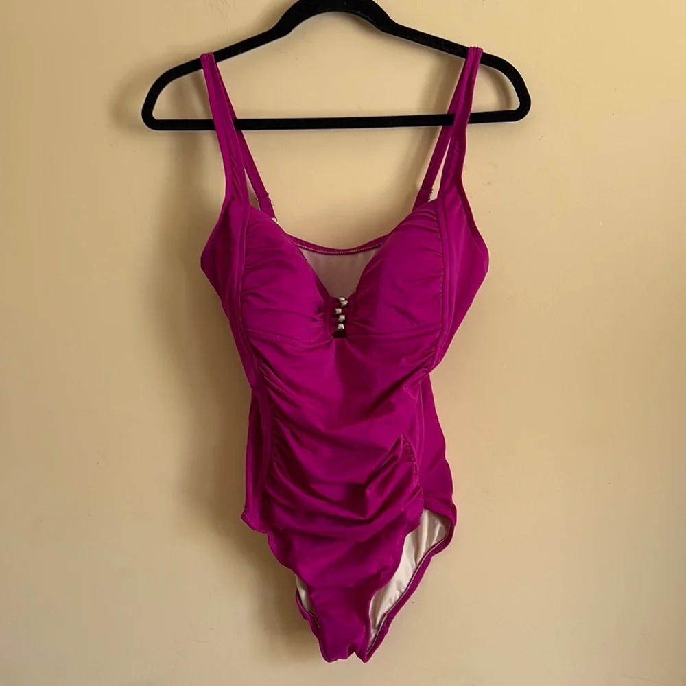 Swim Solutions Shirred Tummy-Control One-Piece in Hot Pink/Fuchsia Size 14 - Picture 3 of 7